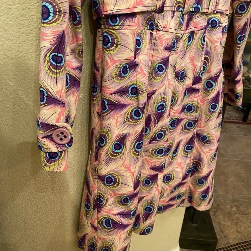 Vintage NANETTE LEPORE Women Colorful Peacock Feather Print Trench Coat Size 4 - Picture 4 of 9
